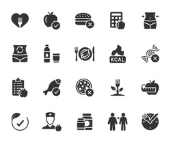 Vector set of healthy eating flat icons. Contains icons nutrition plan, metabolism, nutritionist, calorie counting, weight loss, water balance, calories, healthy food, dietary supplements and more.
