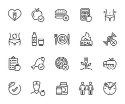 Vector set of healthy eating line icons. Contains icons nutrition plan, metabolism, nutritionist, calorie counting, weight loss, water balance, calories, healthy food, dietary supplements and more.