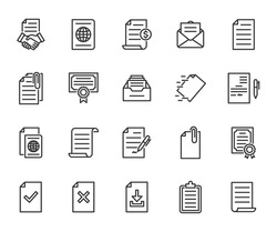 Vector set of document line icons. Contains icons contract, invoice, passport, archive, certificate, attachment and more. Pixel perfect.