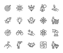 Vector set of mission, vision and values line icons. Business concepts. Pixel perfect.