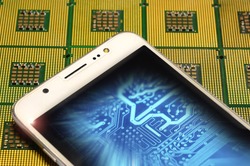 Smartphone on Aligned Computer Processors CPU with electronic circuit inside effects.