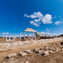 Archaic sanctuary in the archaeological site of Mandra, on the uninhabited Greek island of Despotiko in the Cyclades archipelago, with the reconstructed temple of Apollo and Artemis