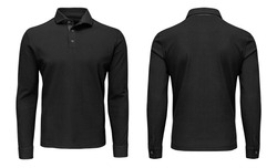 Blank template mens black polo shirt long sleeve, front and back view, isolated on white background with clipping path. Design sweatshirt mockup for print.
