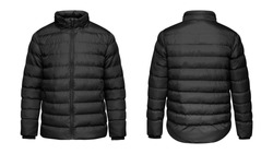 Blank template black down jacket with zipped, front and back view isolated on white background. Mockup winter sport jacket 