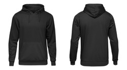 Blank black male hoodie sweatshirt long sleeve with clipping path, mens hoody with hood for your design mockup for print, isolated on white background. Template sport winter clothes.