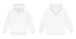 Template blank flat white hoodie. Hoodie sweatshirt with long sleeve flatlay mockup for design and print. Hoody front and back top view isolated on white background