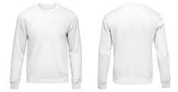 White sweatshirt template. Pullover blank with long sleeve, mockup for design and print. Sweatshirt front and back view isolated on white background