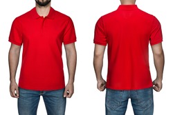 men in blank red polo shirt, front and back view, isolated white background. Design polo shirt, template and mockup for print