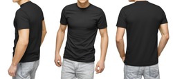 Young male in blank black t-shirt, front and back view, isolated white background with clipping path. Design men t shirt template and mock-up for print