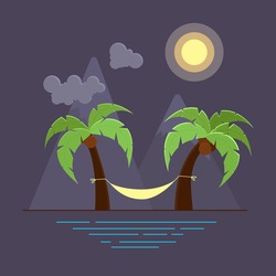 Vector illustration with two palms and hammock on beach. Mountains on background. Night sea landscape.