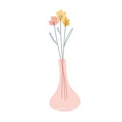 Simple flower bouquet in glass vase, contemporary scandinavian style design, simple vector drawing, isolated handdrawn illustration. Wildflowers in glassware, modern interior decoration.