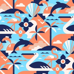 Tropical sea - geometric vector pattern, seamless with flamingo, pelican, dolphin. Perfect for fabric, textile, wallpaper.