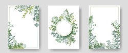 Vector invitation cards with herbal twigs and branches wreath and corners border frames. Rustic vintage bouquets with fern fronds, mistletoe twigs, willow, palm branches in green colors.