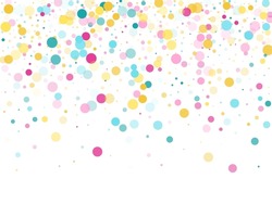 Memphis round confetti carnival background in cyan, pink and gold on white. Childish pattern vector, children's party birthday celebration background. Holiday confetti circles in memphis style.