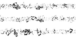 Music note icons vector background. Audio recording signs explosion. Disco music concept. Isolated note icons signs with bass clef. Birthday card background.