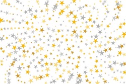 Premium silver and gold stars magic scatter wallpaper. Little stardust spangles xmas decoration confetti. Celebration stars magic background. Sparkle confetti gift decor.