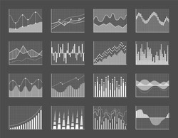 Graph collection poster with diagrams and graphs, falling and rising business data financial charts, vector illustration isolated on grey background