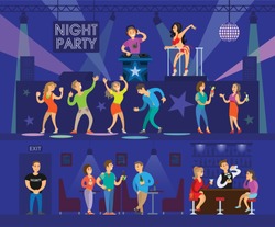Night club party with modern DJ and go-go dancer. People that dance near stage and drink alcohol next to bar, interior cartoon vector illustrations.