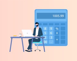 Person with beard sitting at table with laptop, calculation vector. Big calculator with buttons and numerals. Accountant in suit doing electronic counting