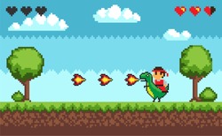 Computer pixel game interface, personage cavalier saddle astride a dinosaur with fire, 8 bit portrait view of fight characters, hero battle in video-game. Pixelated ground with grass, clouds at sky