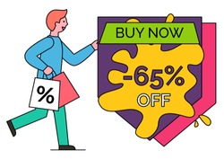Guy hurrying on shopping with bag. Discount 65 percent off price. Man bought products on black friday. Buy now in stores, shops. Vector promotion caption, inscription on colorful label in minimalism