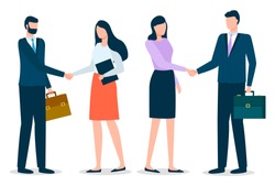 Teamwork cooperation and business partnership. Man and woman shaking hands achievement in deal. People colleagues corporate for success work. Male and female employees in suit standing together vector