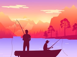 Fishermans in fishing boat. Silhouette of two men sitting in pleasure boat who fish on the lake. Persons holding fishing rods in their hands on the background of reservoir at the foot of the mountain