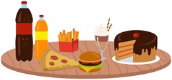 Fast food meal set vector illustration. Classic cheese burger with grilled meat, french fries, cake, pizza and soft drink cup. Fatty unhealthy high-calorie foods isolated on white background