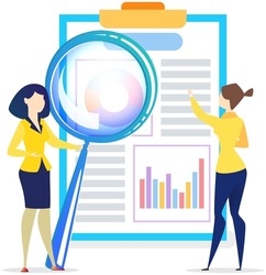 Employees working with statistics, analytics. Businesswomen brainstorming, coworking, analysing data. Woman with magnifying glass examines statistical report with diagrams of sales management