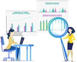 Employees analysing research results. Businesswomen brainstorming, coworking with data analysis. Woman with magnifying glass examines statistical report. Lady with computer works with statistics