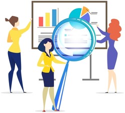 Employees working with statistics, analytics, presentation of research results. Businesspeople brainstorming, coworking, analysing data. Woman with magnifying glass examines statistical report