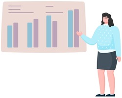 Woman looking at statistics diagram. Businesswoman analysing report with statistical indicators. Girl examines results of analysis. Personal investment, finance, funding, capital accumulation concept