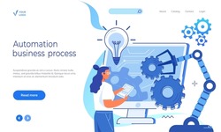 Automation business process landing page template. Company strategy. Work organization. Project management, software development. Automated business system concept with computer that builds robot arms