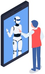 Virtual assistance robot concept. Isometric smartphone with chatbot communicating with human male. Personal assistant mobile apps. Interactive human technological interaction. Artificial intelligence