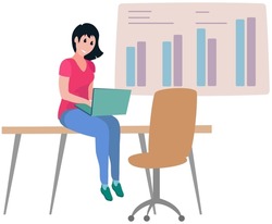 Woman looking at statistics diagram. Businesswoman analysing report with statistical indicators. Girl examines results of analysis. Personal investment, finance, funding, capital accumulation concept