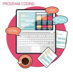 Flat design concept of program coding laptop