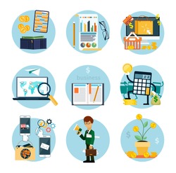 Set of flat icons of earnings, accounts, transport and market analysis, online business, documents, e-mail, idea, start up, analysis, meeting, performance, investment, marketing