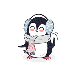 Animal penguin design flat. Bird penguin vector, cartoon polar animal winter isolated, penguin in scarf, wild penguin character in headphones illustration