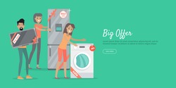 Big offer in electronics store web banner. Man with TV-set, woman with washing machine and refrigerator bought on sale on white background. Seasonal and holiday discounts. Black friday. For store ad