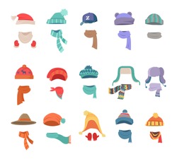 Set of hats and scarves for boys and girls in cold weather. Stylish hats and scarves. Clothes for winter and autumn. Blue, red, brown, violet, brown and orange hats and scarfs. Vector illustration.