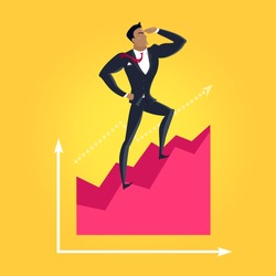 Business success vector concept. Flat design. Career and economical competition. businessman standing on graph and looking into the distance. Progress indicators and earnings growth illustration. 