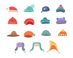 Set of hats for boys and girls in cold weather. Stylish hats. Clothes for winter and autumn. Blue, red, brown, violet, brown and orange hats. Vector illustration.