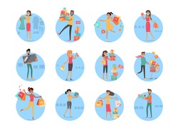People doing shopping and buying things on sales set. Vector poster of round blue objects with people who bought presents in boxes, green dress, microwave oven, azure scales and other elements