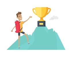 Smiling boy with red backpack climb up to top of the mountain wiht winner cup . Mountain climber. Winner trophy concept. Climbing on a cliff. Isolated vector illustration on white background