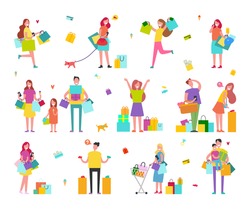 Characters on shopping with hands full of colorful paper bags isolated vector illustration on white background. People buy presents set.