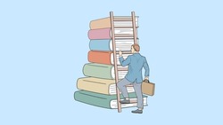 A businessman climbing a ladder on a stack of books, striving for knowledge, the concept of education, success, growth.