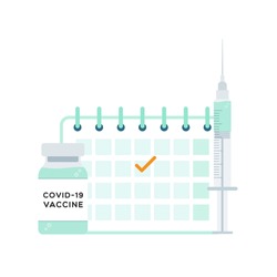 Time to vaccinate. Coronavirus vaccine. Vial bottle, syringe and calendar. For prevention and immunization from Covid-19. Vector illustration, flat design
