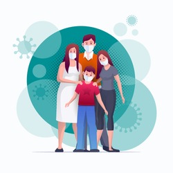 Family is protecting their children and them from virus COVID-19 and are wearing masks and stop the spread of viruses. Coronavirus quarantine. Vector illustration
