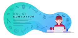 Online education, self learning concept vector illustration. Student studying with laptop. Educational supply line icons set.