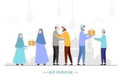Eid al-Fitr mubarak greeting card vector illustration. Happy muslim people community give gift, congratulate and celebrate festival to each other